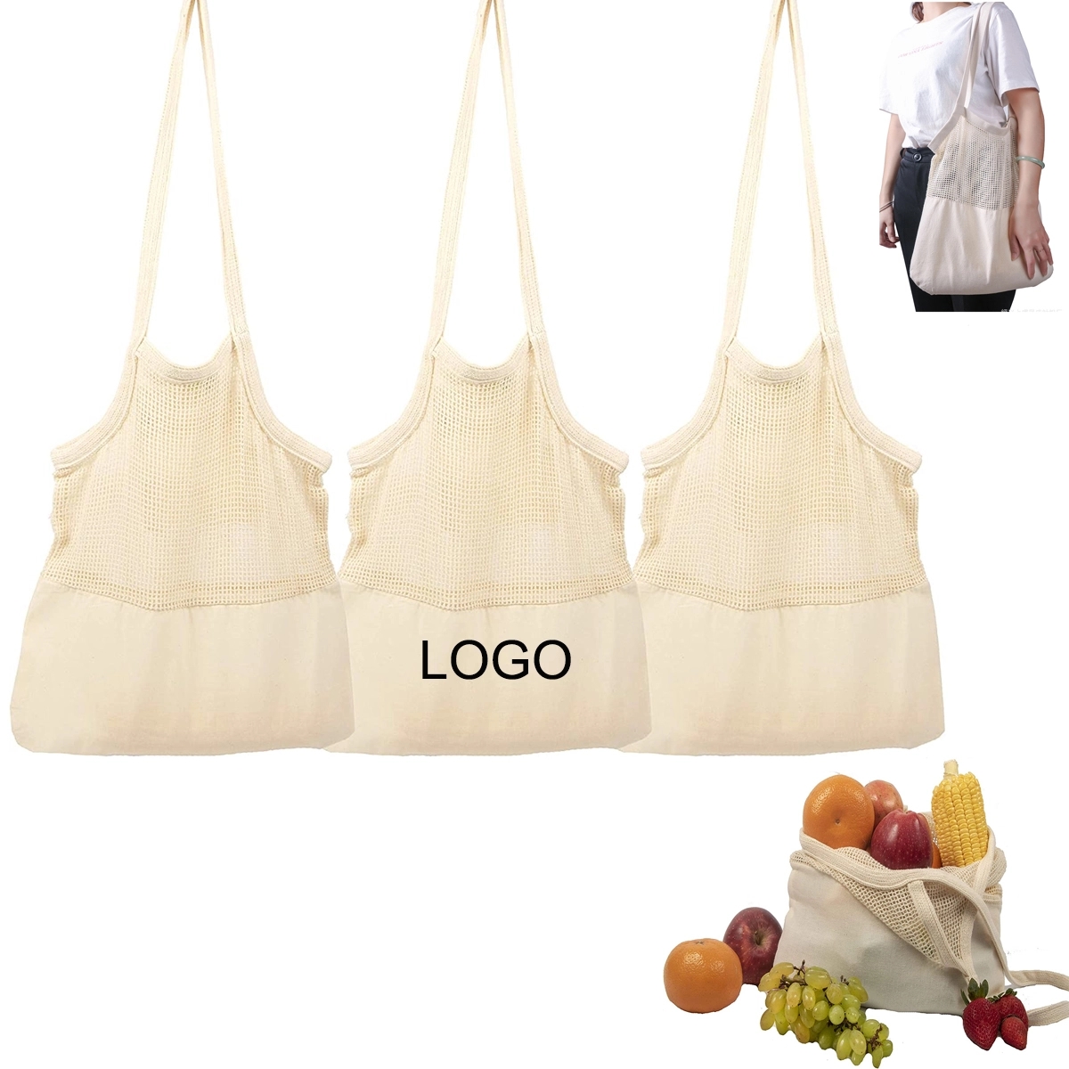 Canvas Mesh Grocery Tote Bag, custom tote bag with logo imprint 2