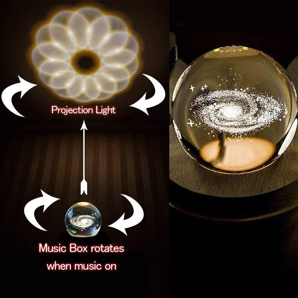 3D LED Night Light And Crystal Ball Music Box With Wooden Base 3