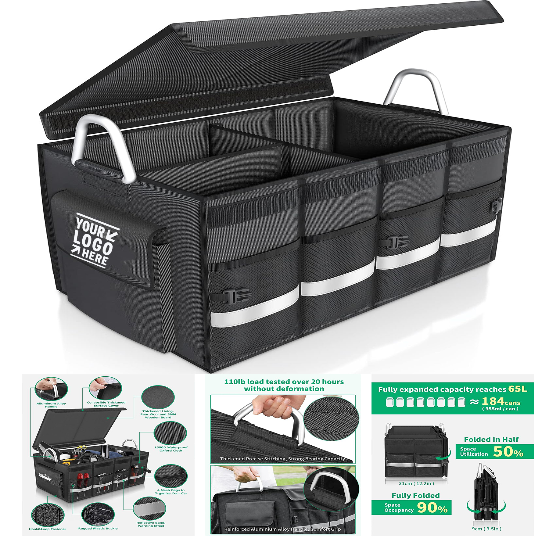 Foldable Portable Cover Aluminium Alloy Handle Reflective Stripe Trunk Cargo Storage Organizer
