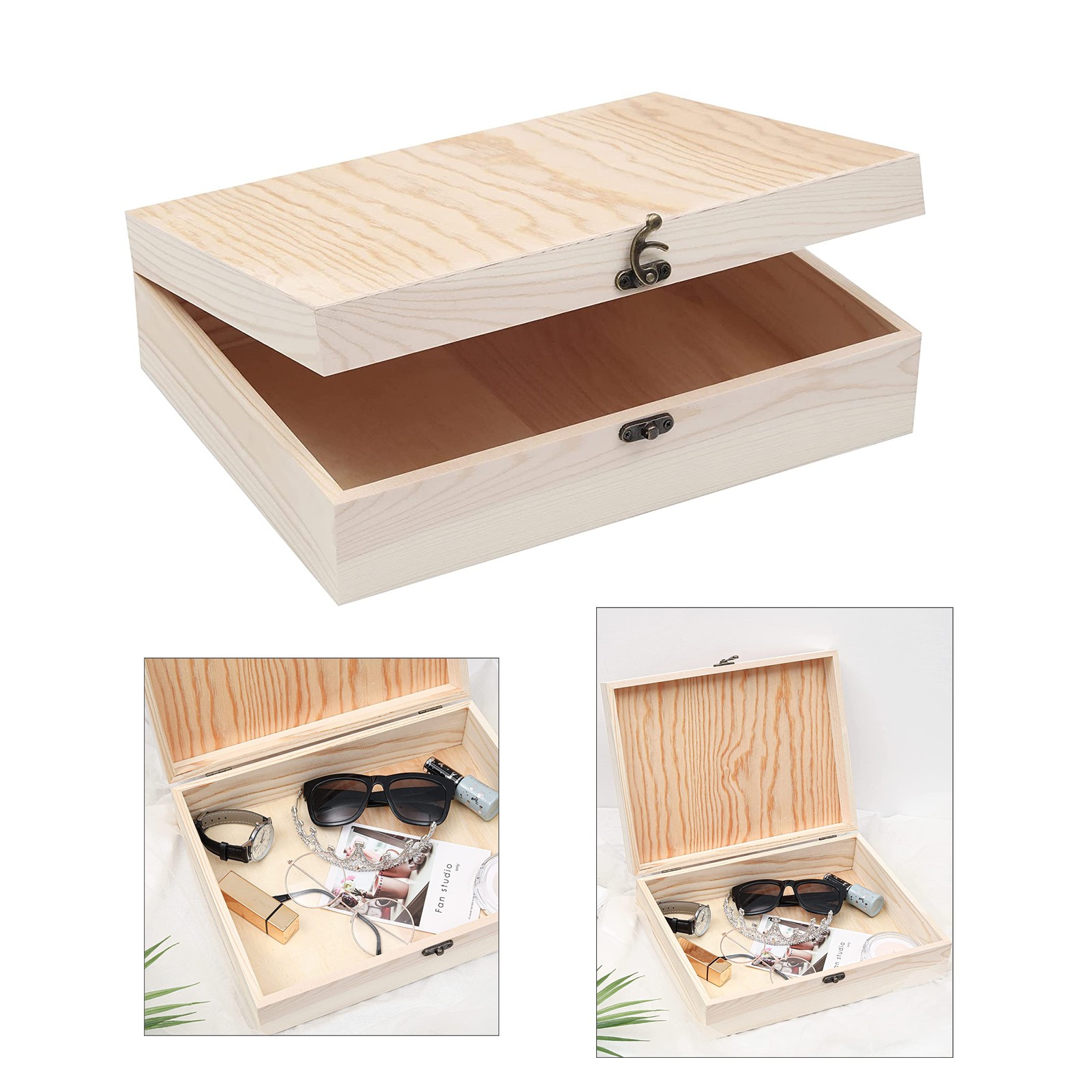 12" x 9.2" x 3.3" Unfinished Wooden Box with Hinged Lid 1