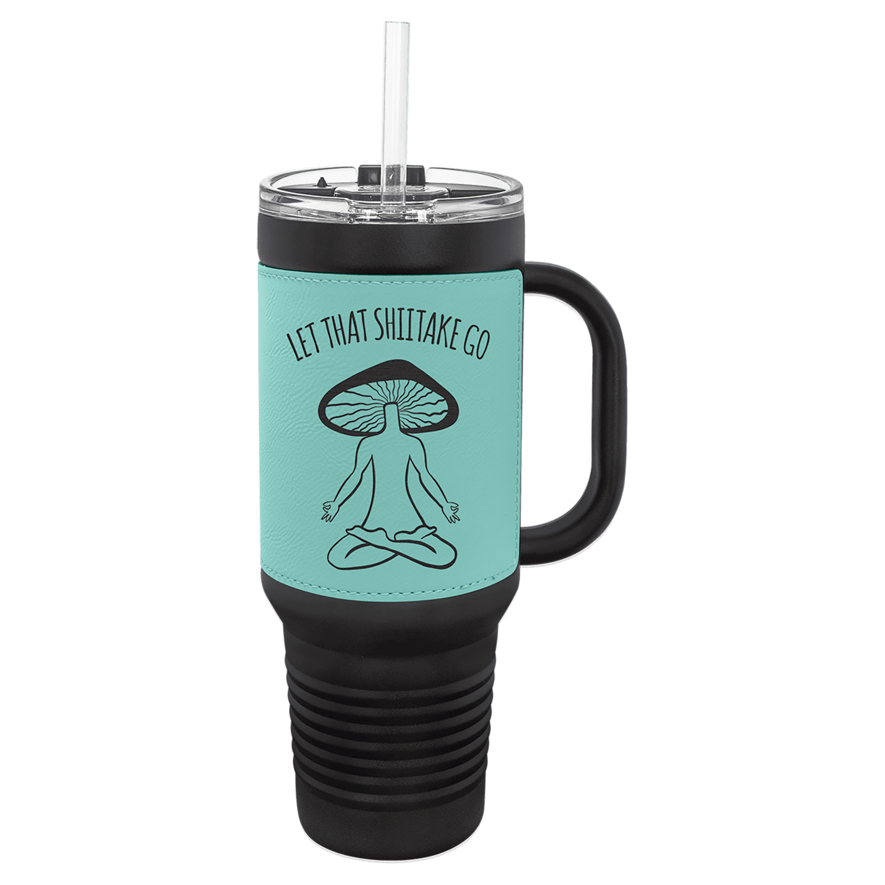 Polar Camel 40 oz. Black with Teal Laserable Leatherette Travel Mug with a Handle, Straw Included 2