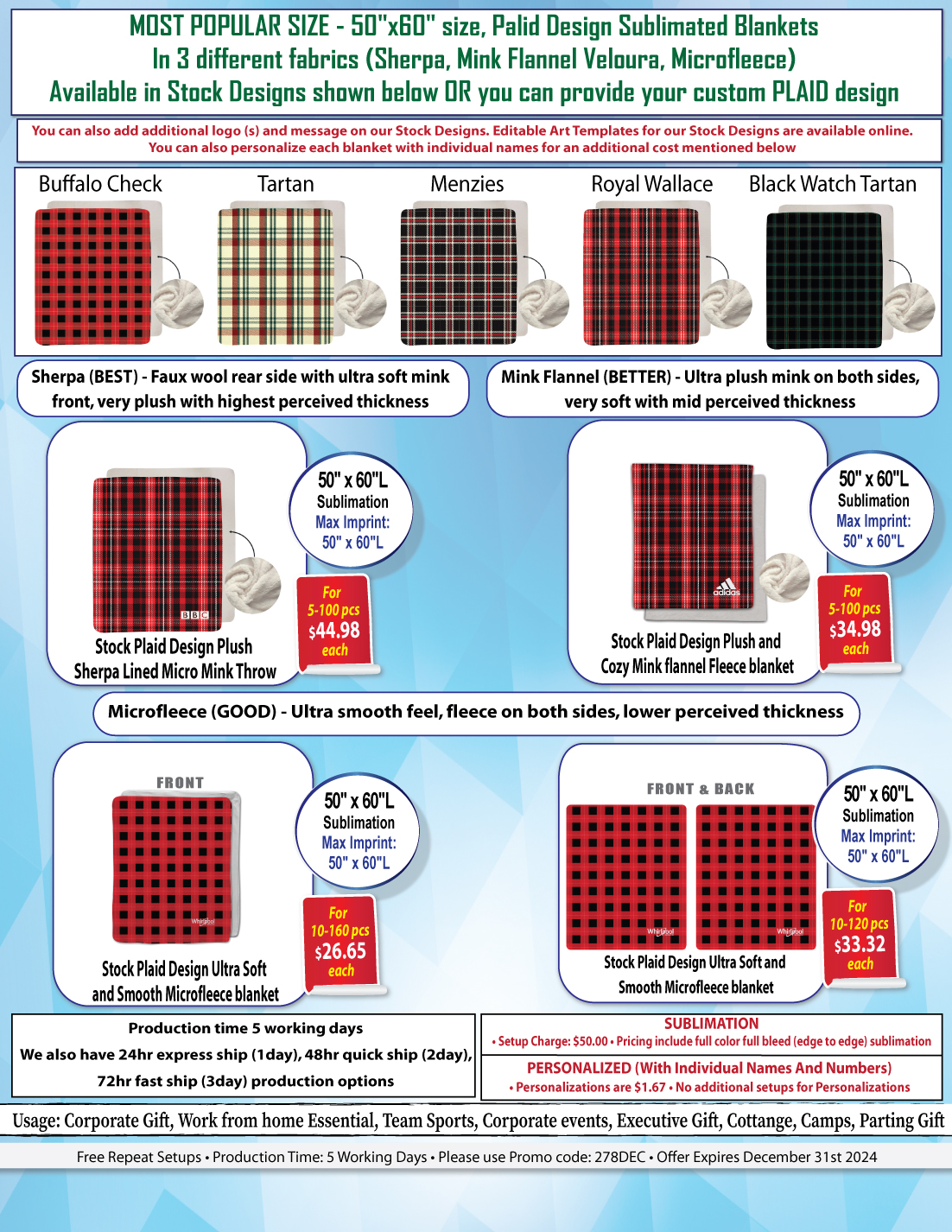 Stock Plaid Design Plush and Cozy Mink flannel Fleece blanket, 50"x60", Sublimated 22