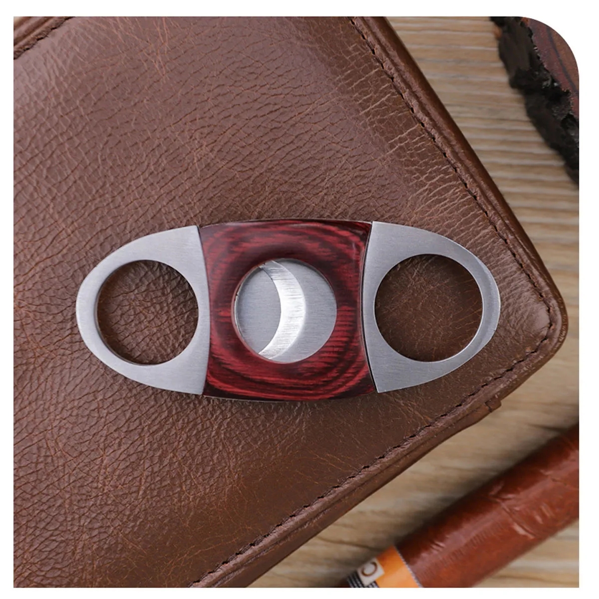 Stainless Steel Red Wood Double Cut Blade Cigar Cutter 4