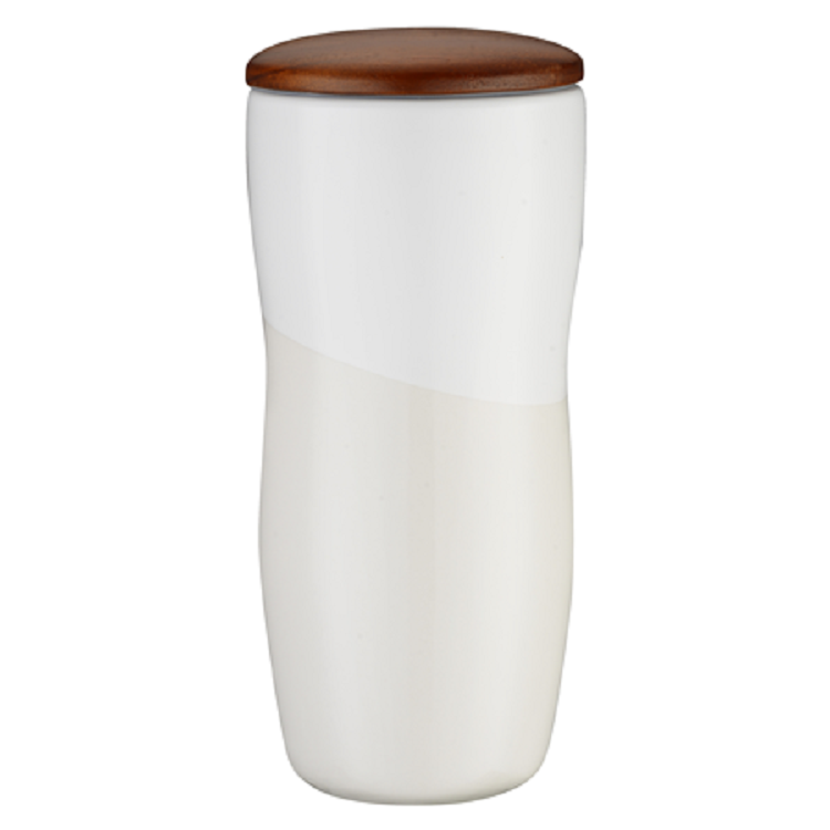 Imari Double Walled 12oz Ceramic Tumbler with Two-Tone Design and Wood Lid 18