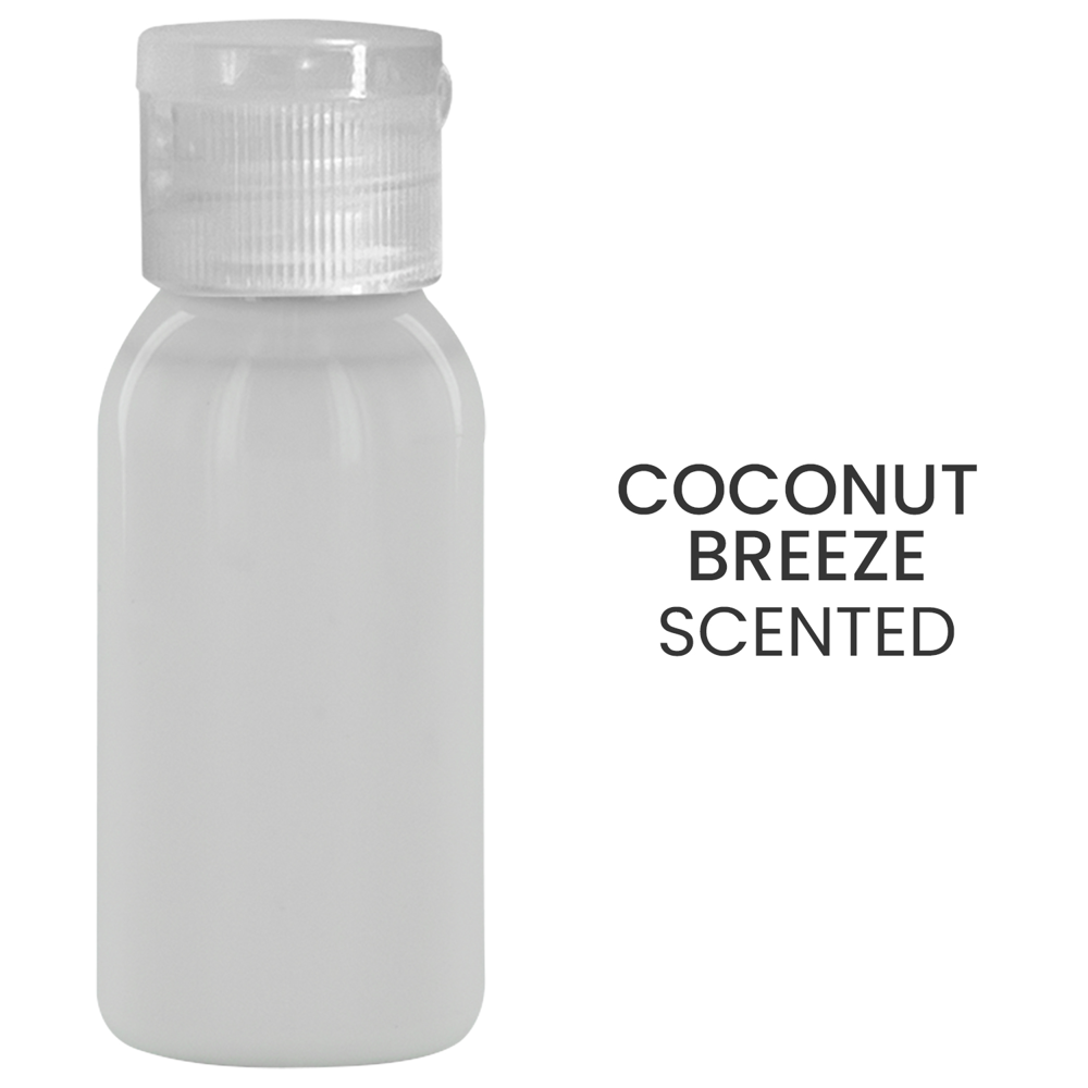 1oz. Sunscreen in a transparent round bottle.