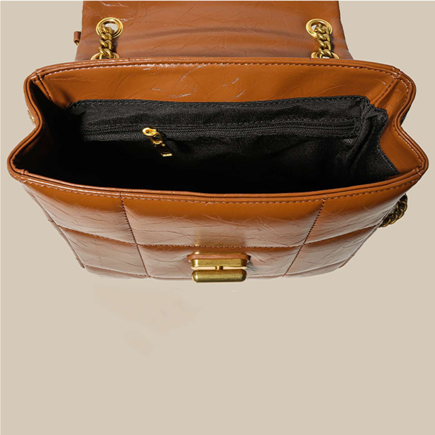Trendy Flap Gold PU Leather Quilted Tote Bag 6