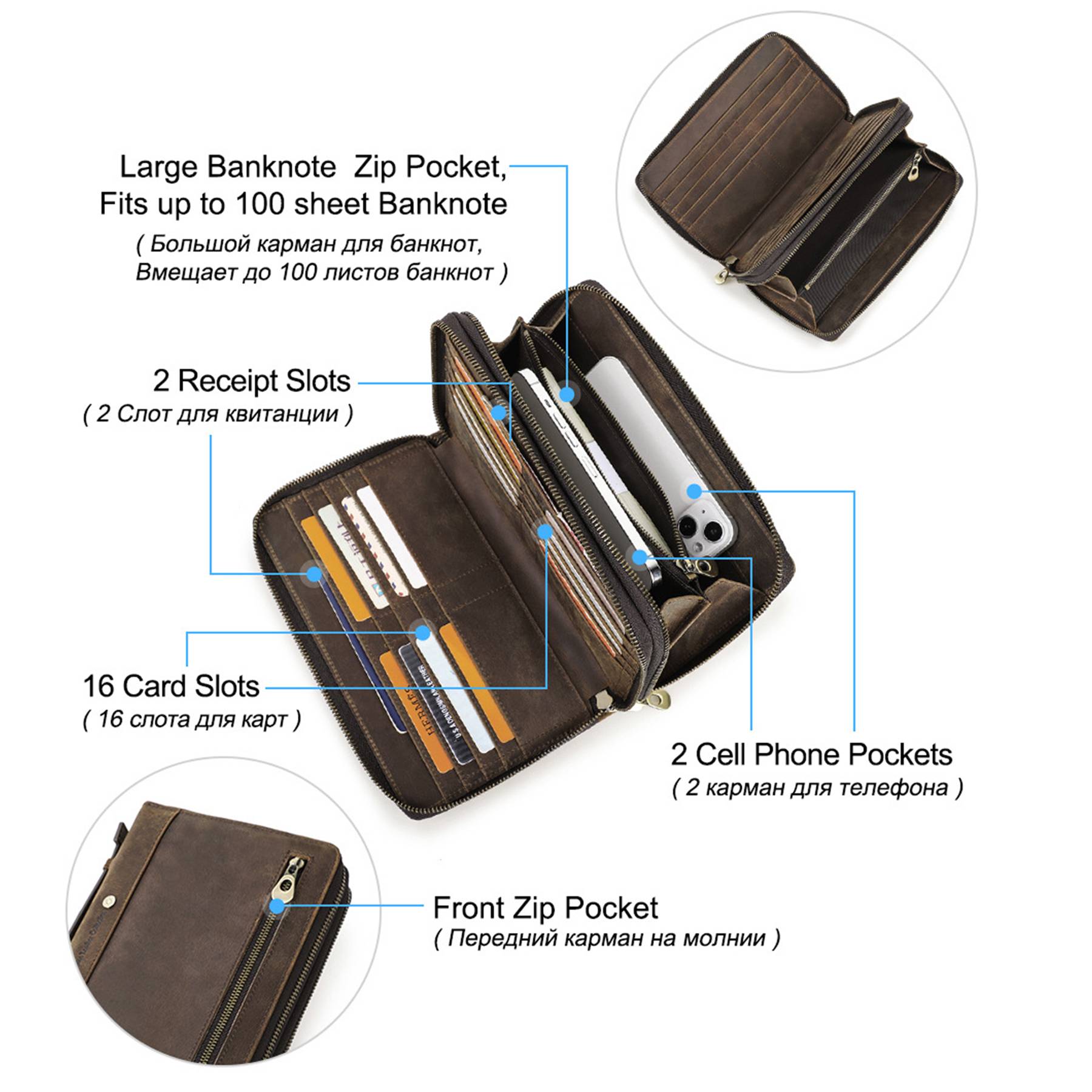 Genuine Leather RFID 2 fold Horizontal square shape Wallets 4