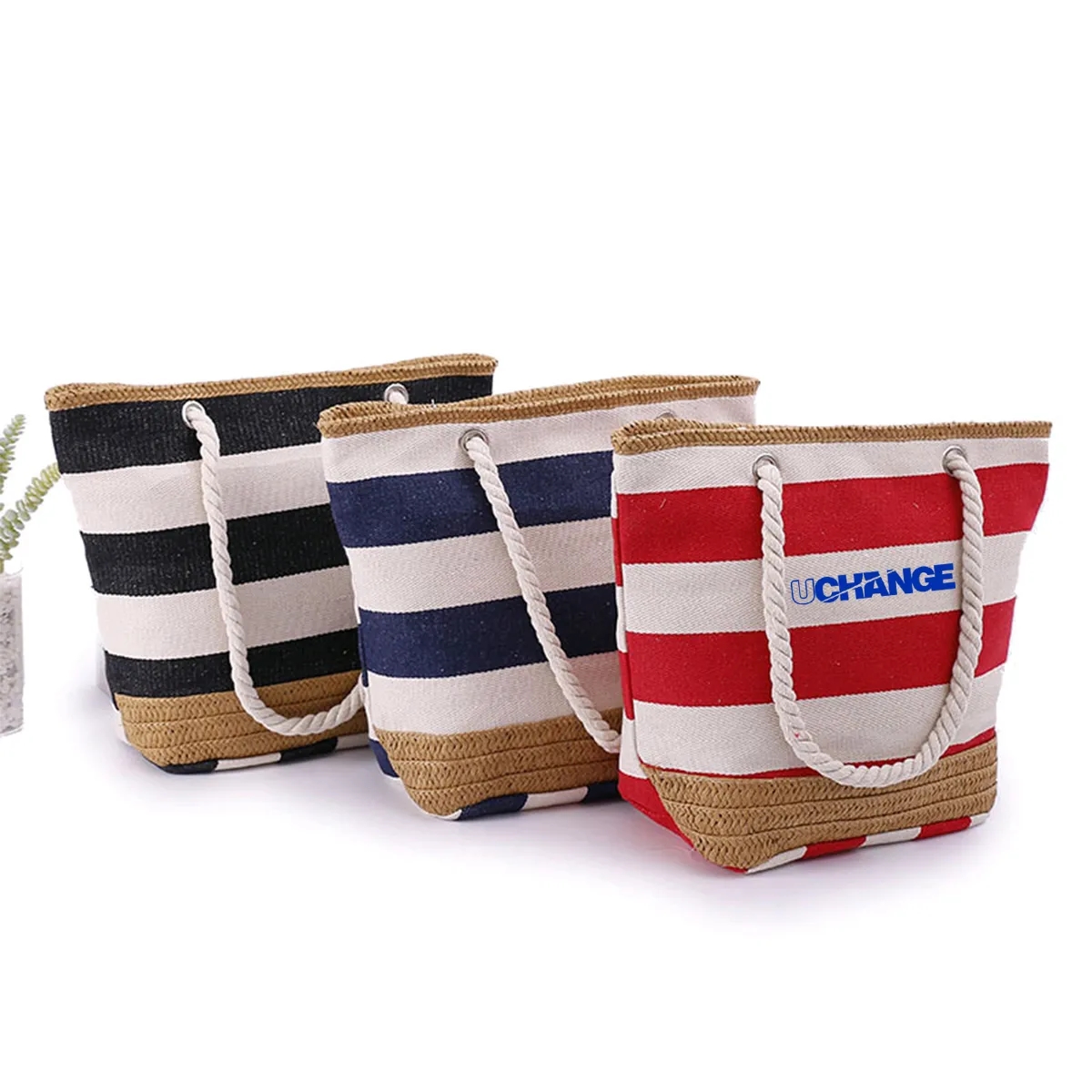 Striped Canvas Jute Beach Tote Bag With Rope Handles 7