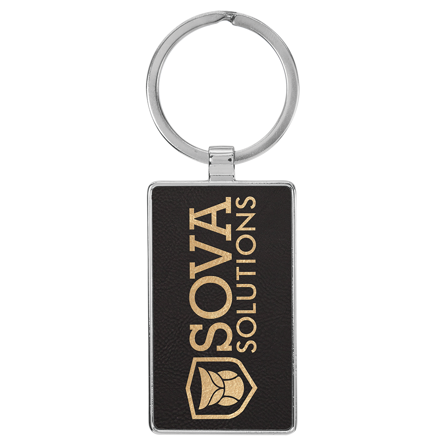 2 3/4" x 1 1/4" Leatherette/Metal Black/Gold Rectangle Keychain 2