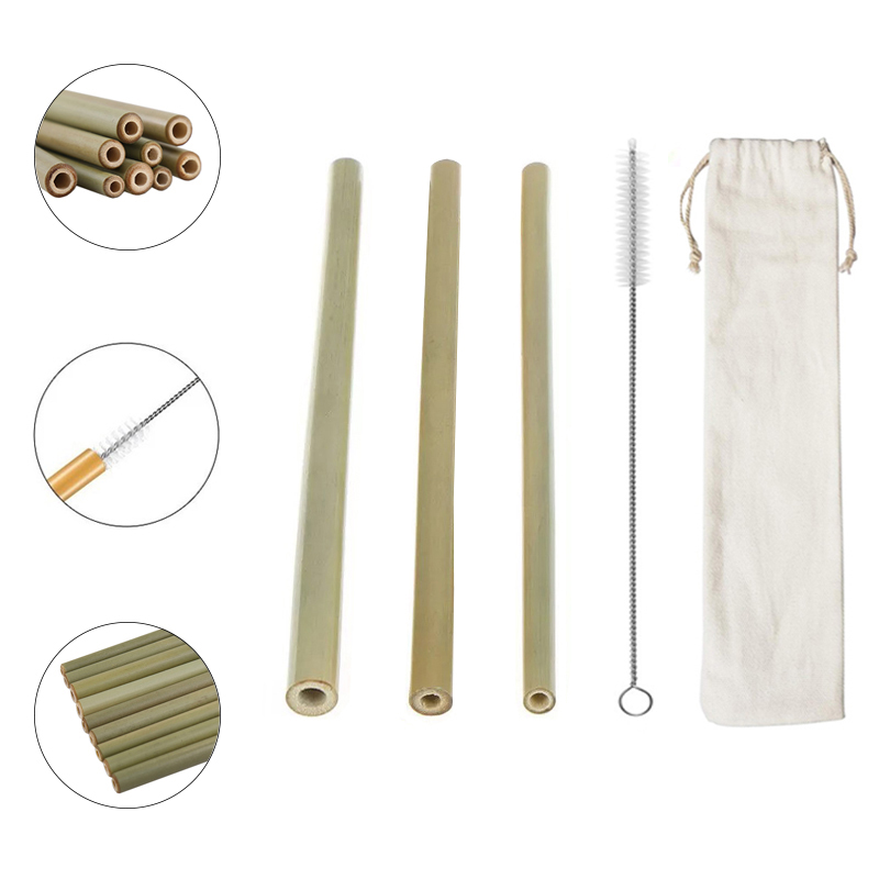Set of 3 Reusable Bamboo Drinking Straws W/ Cleaning Brush In Carrying Pouch 2