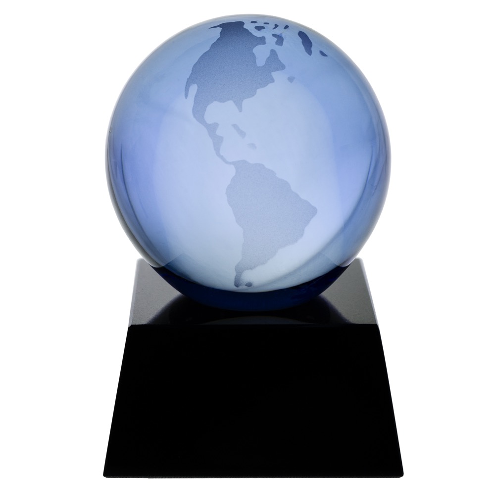 3" Blue Crystal Globe Award on Black Marble Base