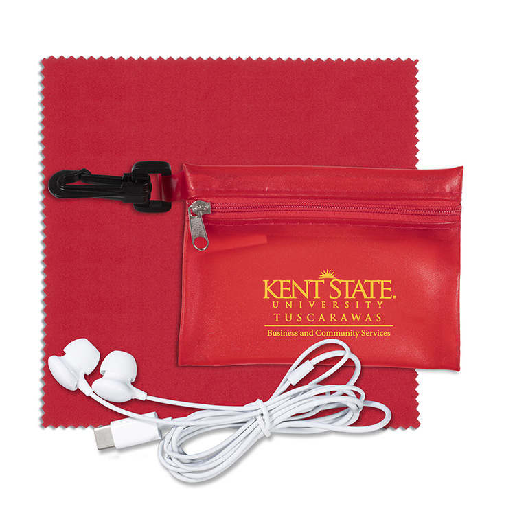 Earbud Tech Kit with Microfiber Cleaning Cloth In Translucent Carabiner Zipper Pouch 9