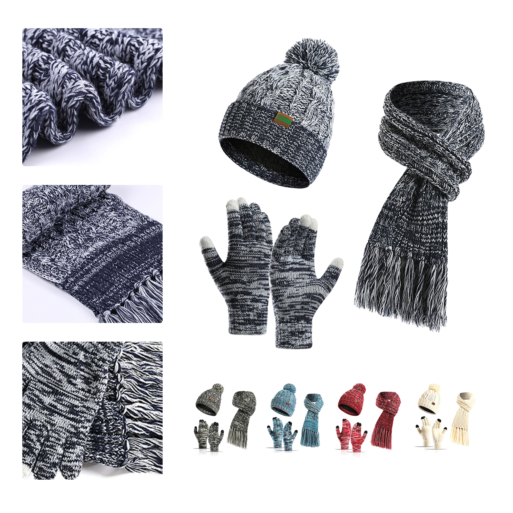 MOQ 50 Winter Knit Hat Scarf Touchscreen Gloves Set 2