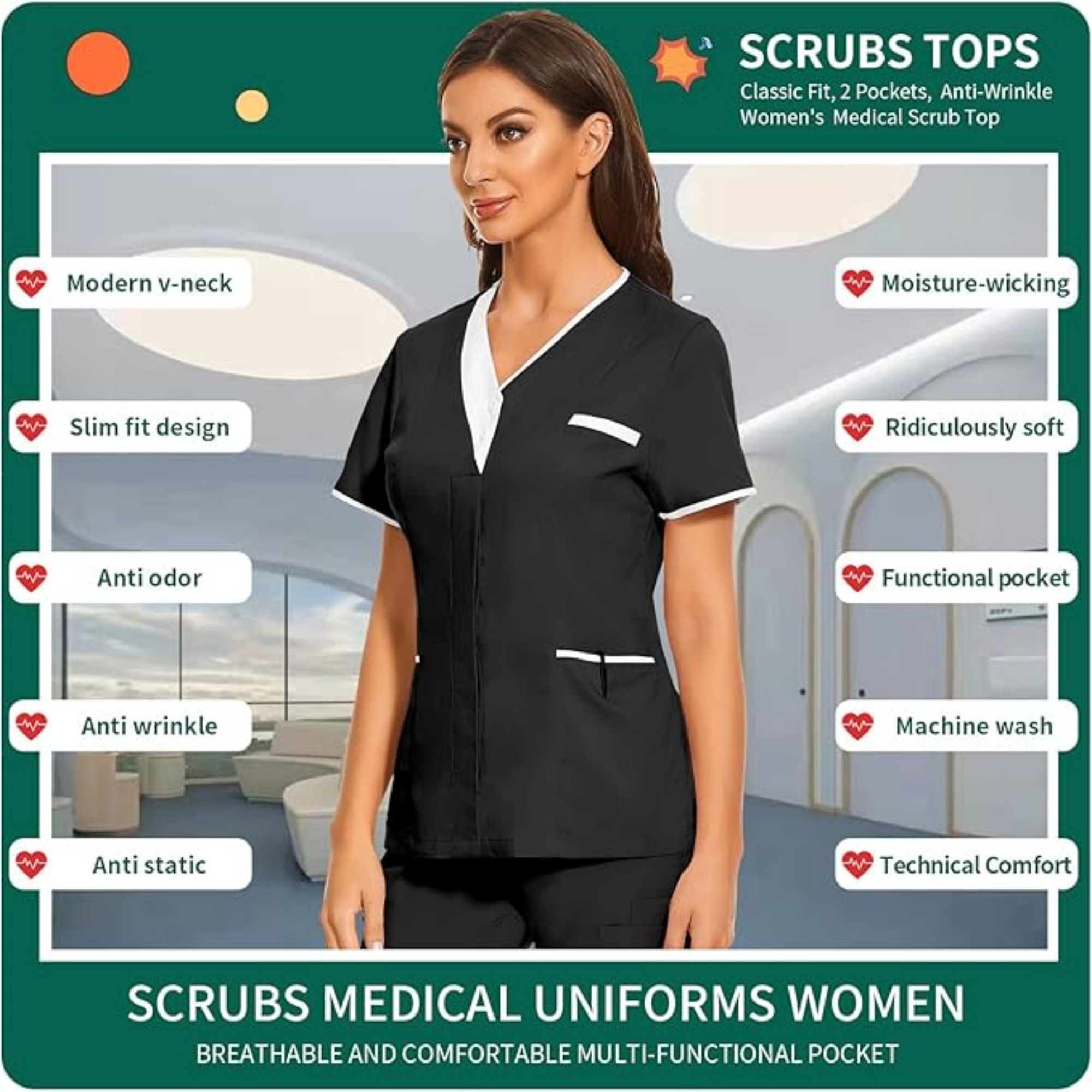 Solid Women V Neck Working Uniform With Pockets 5
