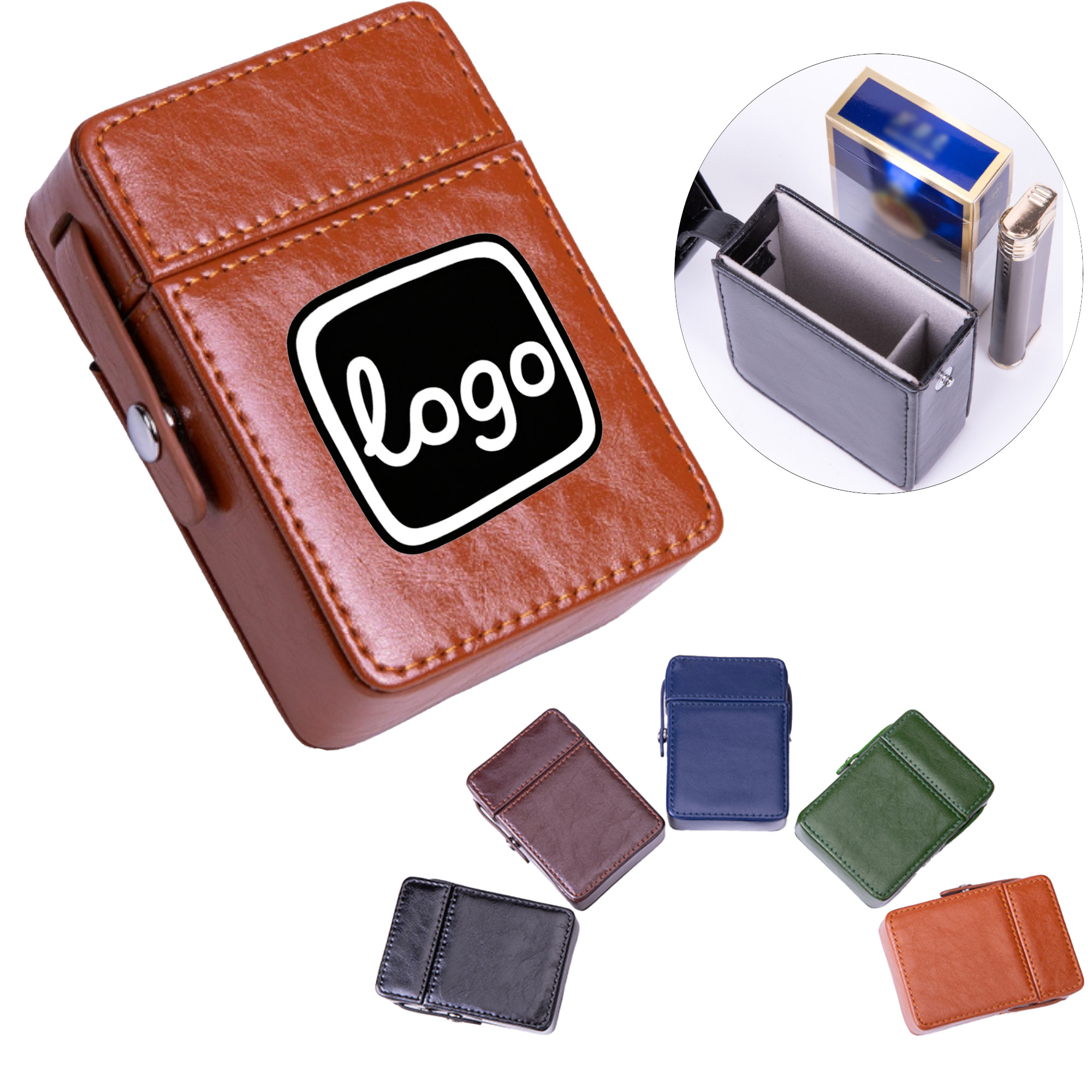 PU Metal Cigarette Case with Lighter Compartment Crush Proof Flip Top 2