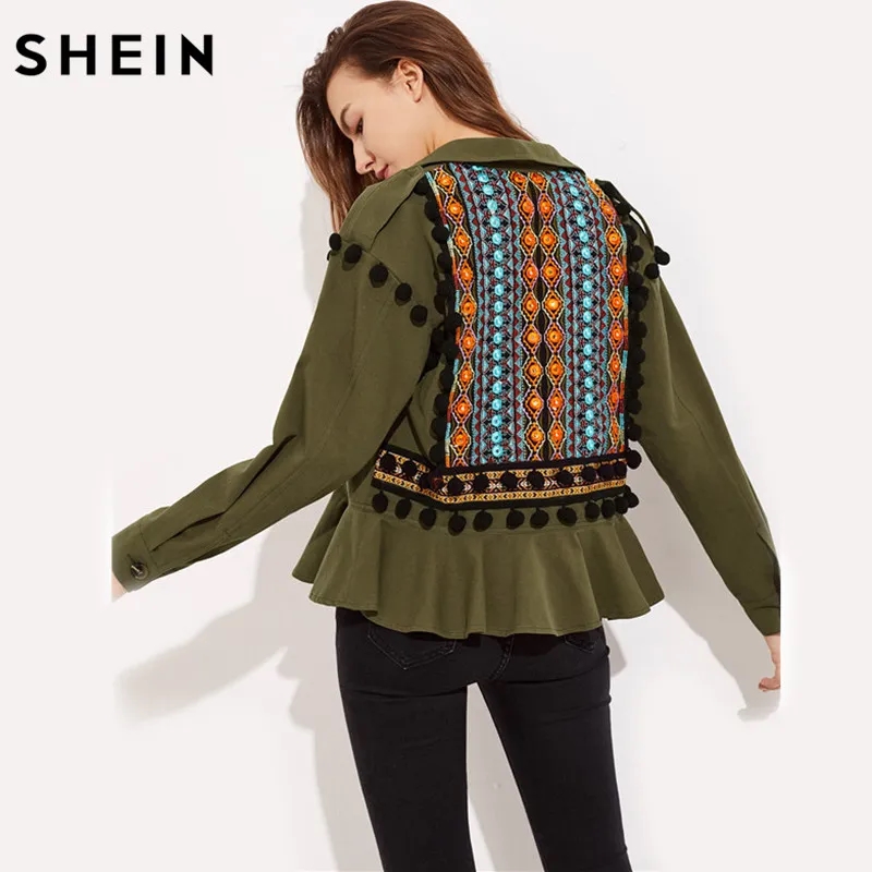 Green Jacquard Embroidered Pom Frill Jacket with Lapel 2