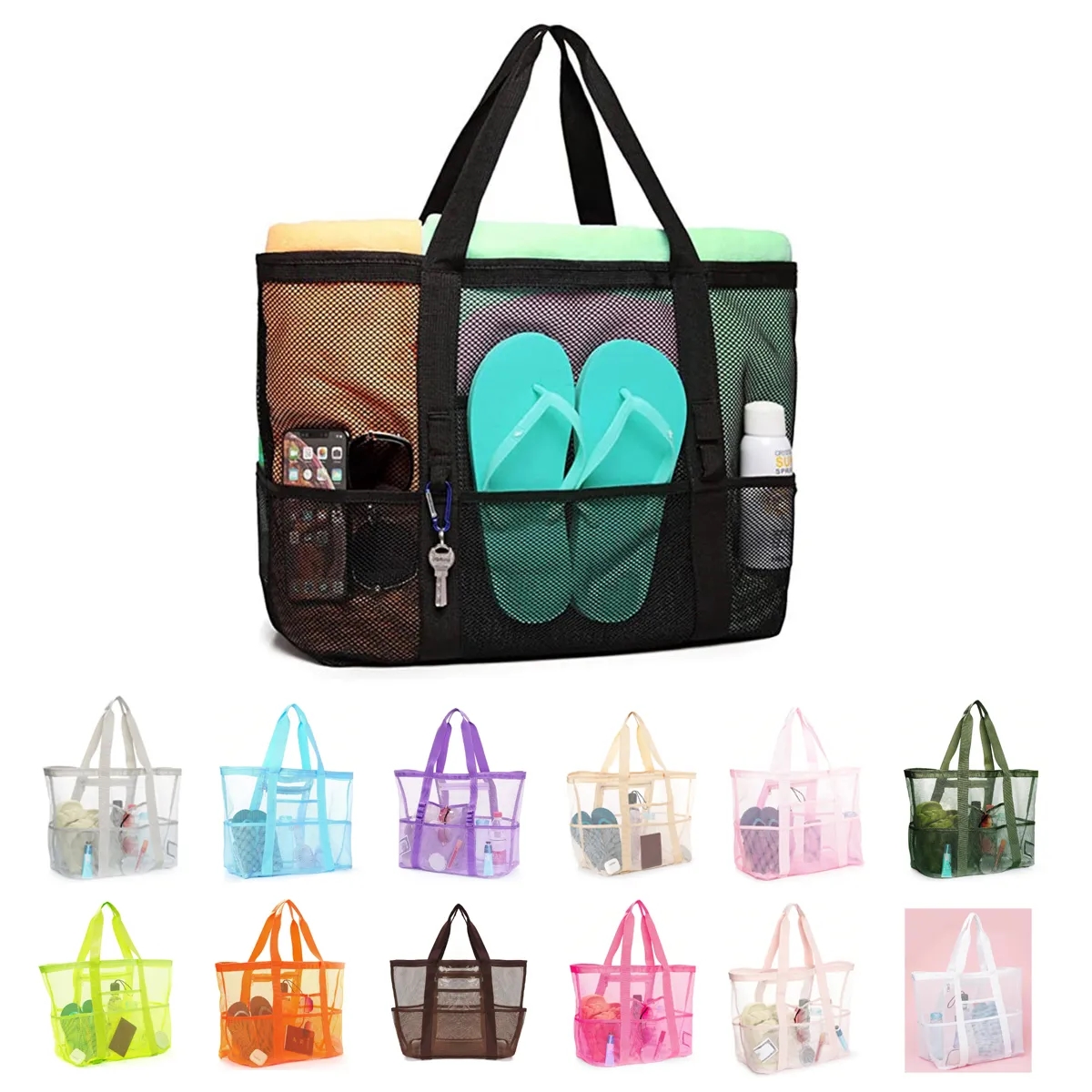 Large Storage Mesh Beach Tote Bags with 7 Pockets, custom tote bag with logo imprint 4