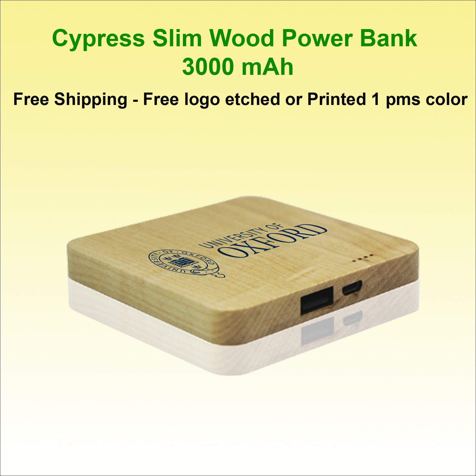Cypress Bamboo Wood Slim Power Bank, 3000 mAh