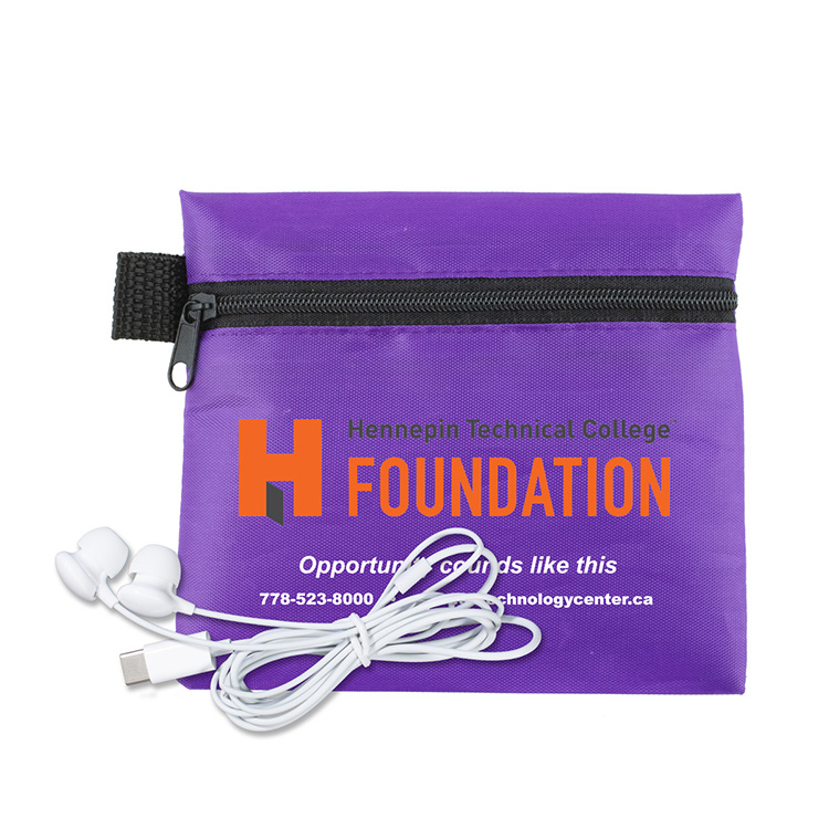 Mobile Tech Earbud Kit In Zipper Pouch Components inserted into Polyester Zipper Pouch 19