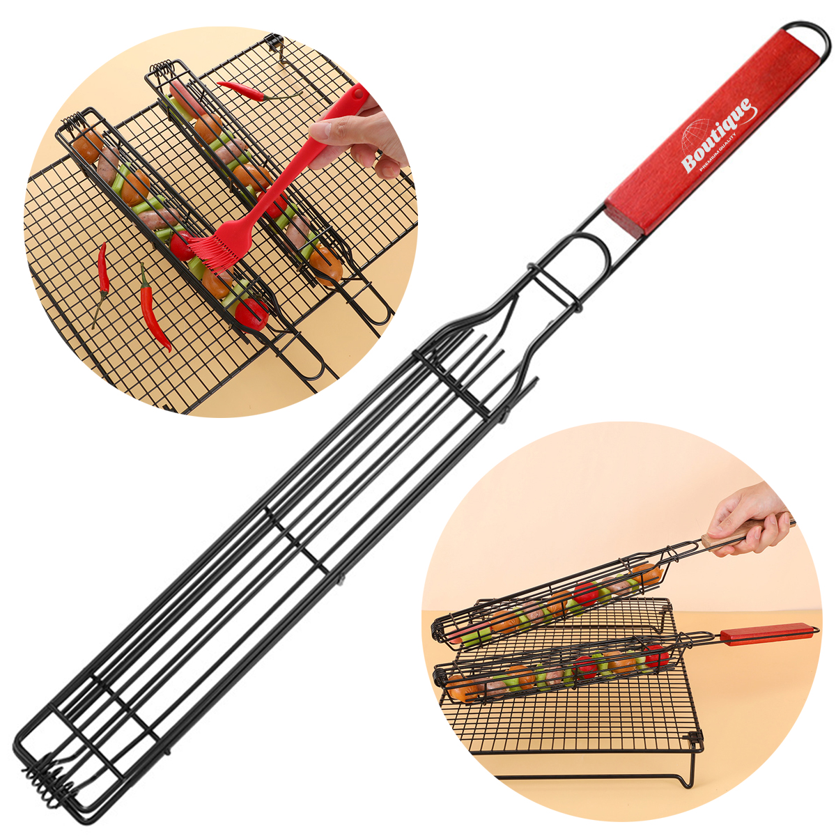 BBQ Grill Basket With Wooden Handle for Fish Vegetables 4