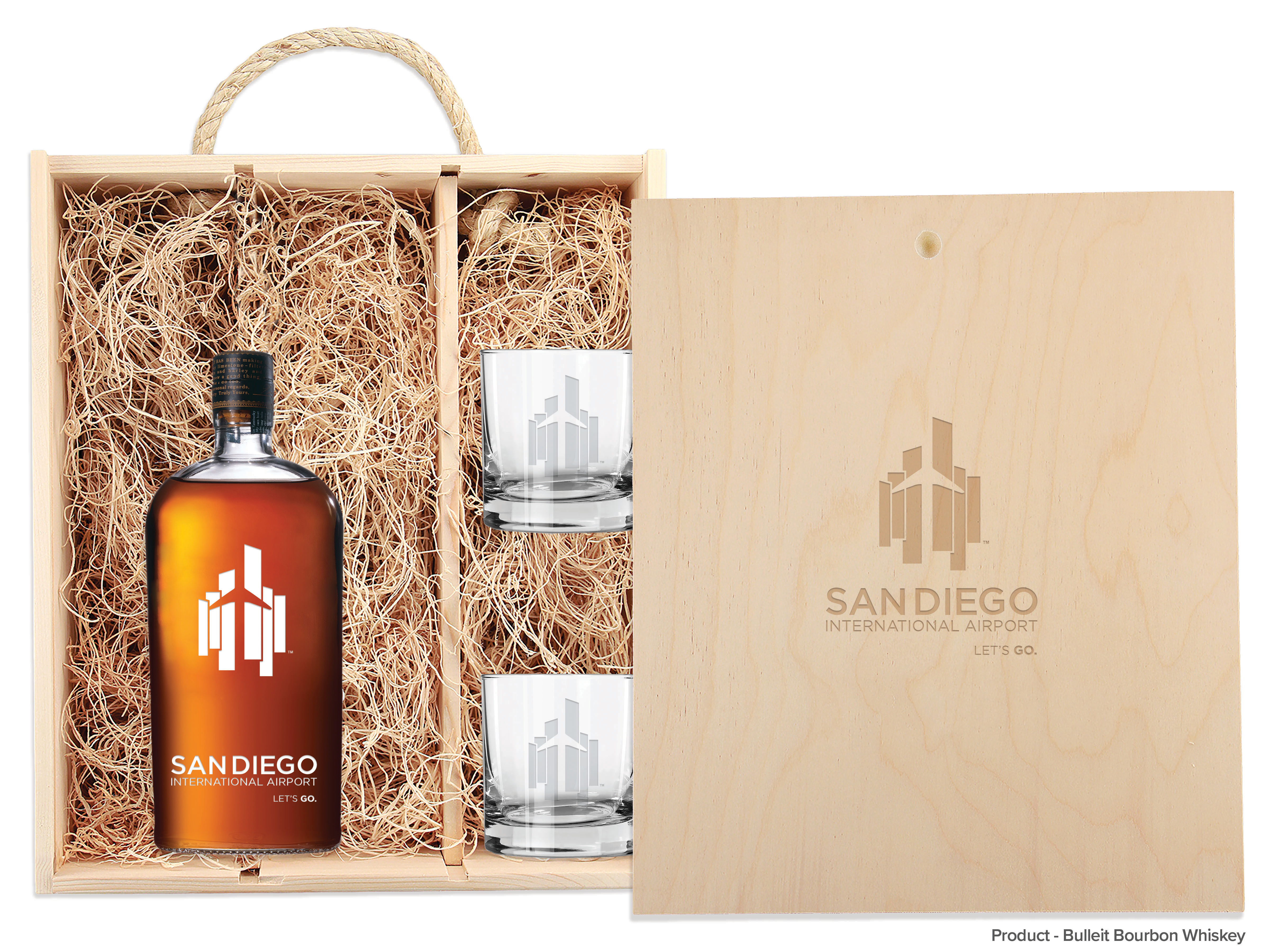 Laser-Engraved Triple Wood Box w/Custom Etched Liquor Bottle + Glasses 3