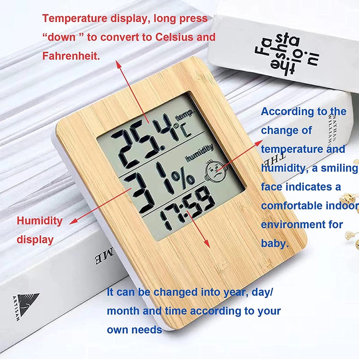 Bamboo Indoor Hygrometer & Thermometer Weather Clock 1