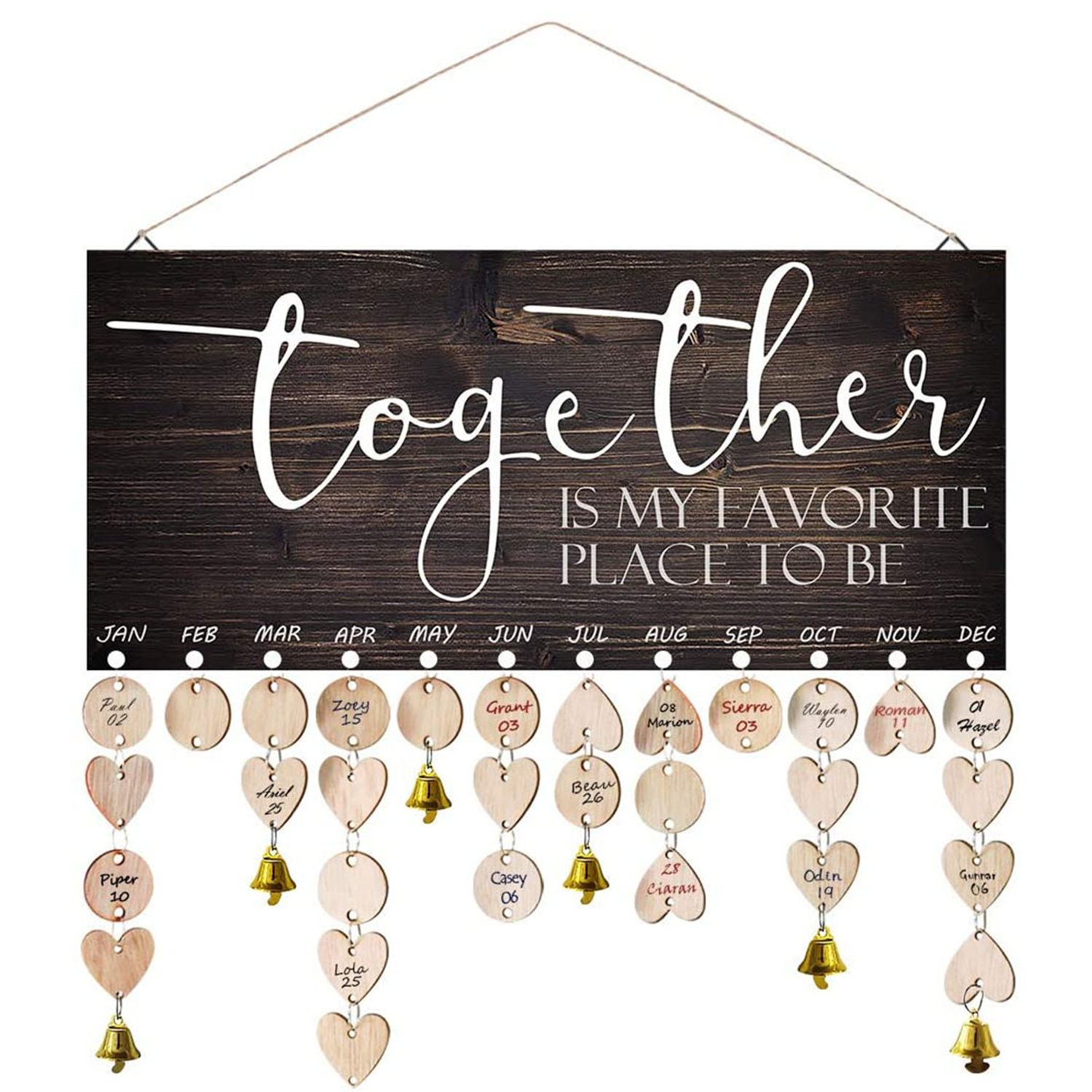 Wooden Hanging Family Birthday Calendar Board w/ Bells 7