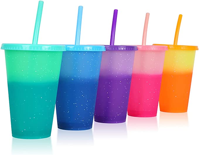 24 OZ Glitter Reusable Color Changing Cups w/ Lids & Straws in Cold Water 7