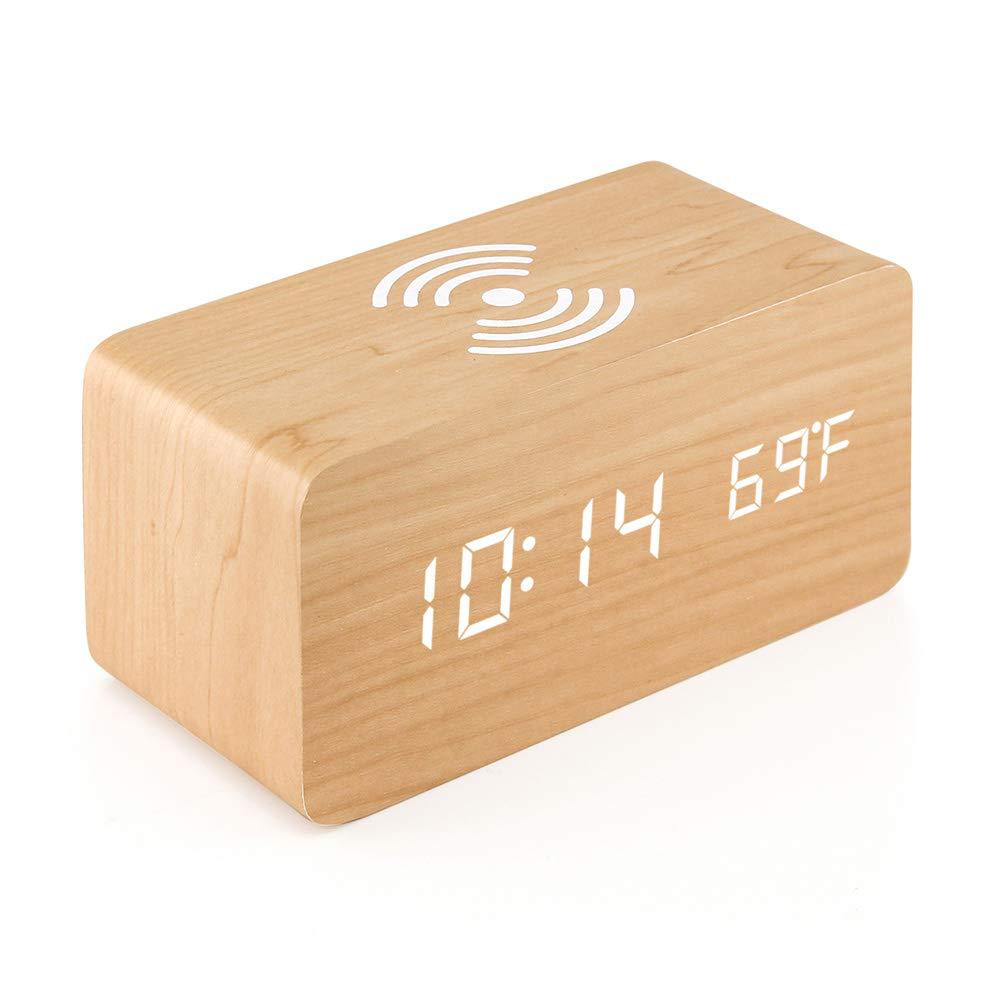 5W Wooden Qi Fast Wireless Charger w/ Digital Led Clock 3