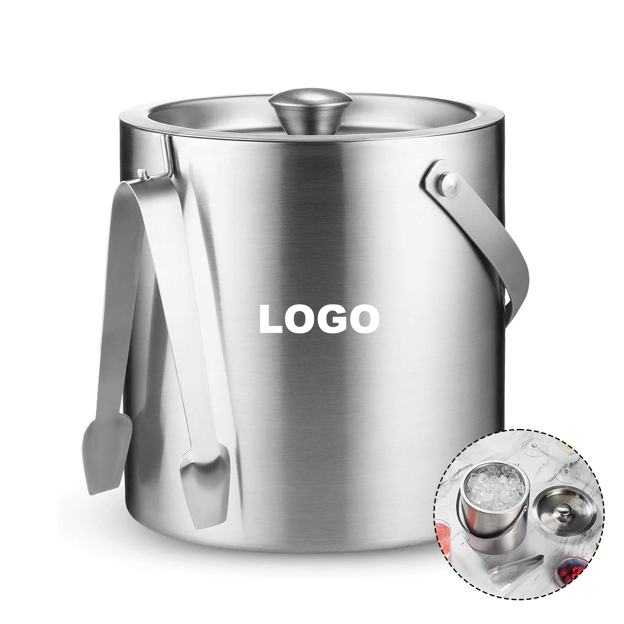 Stainless Steel Ice Bucket with Lid Tong Strainer 2