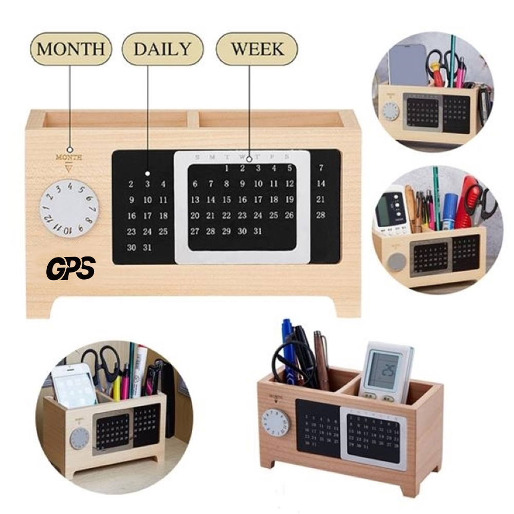 Wooden Desk Blocks Calendar Pen Holder With A Clock