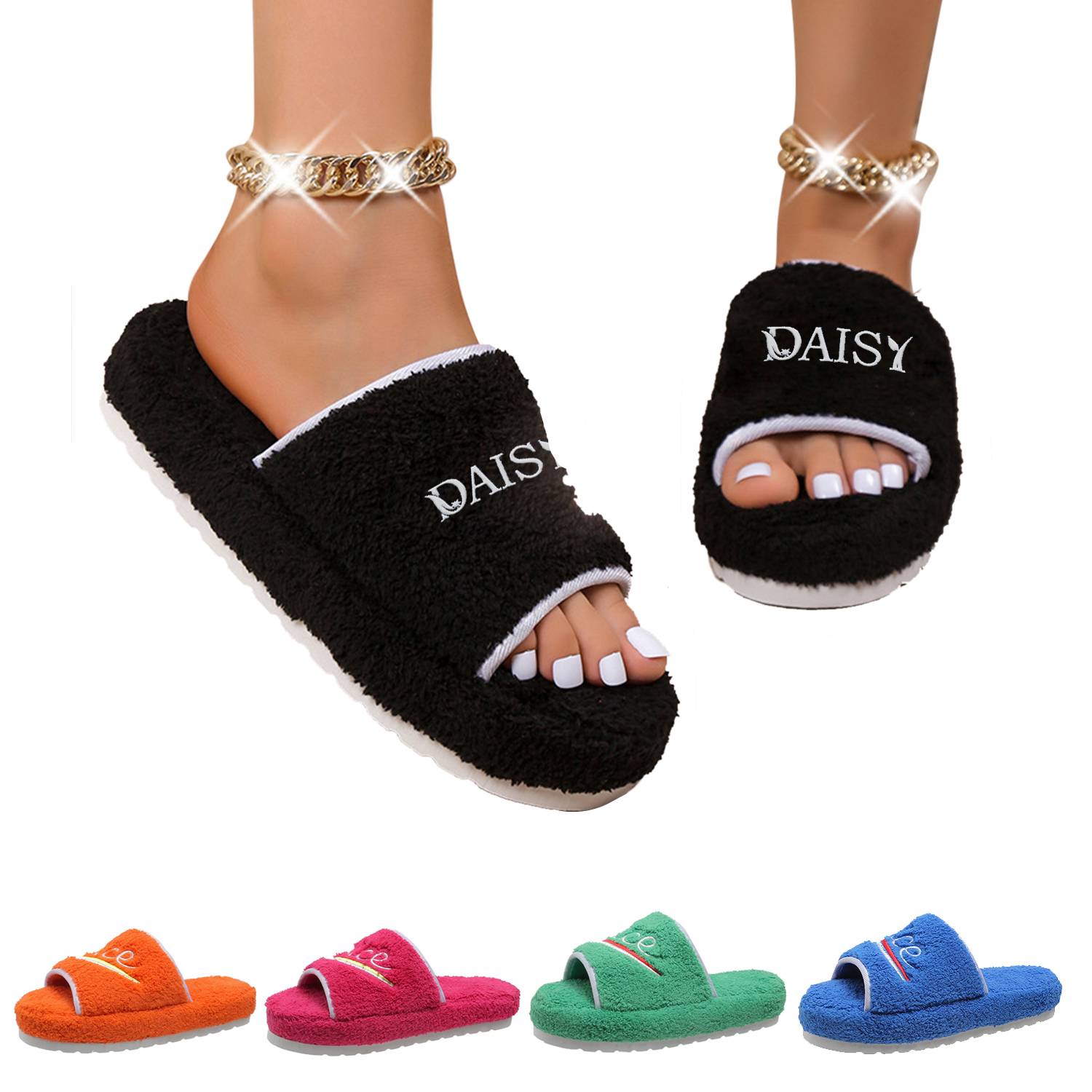 Womens Embroidered Fur Slippers 5