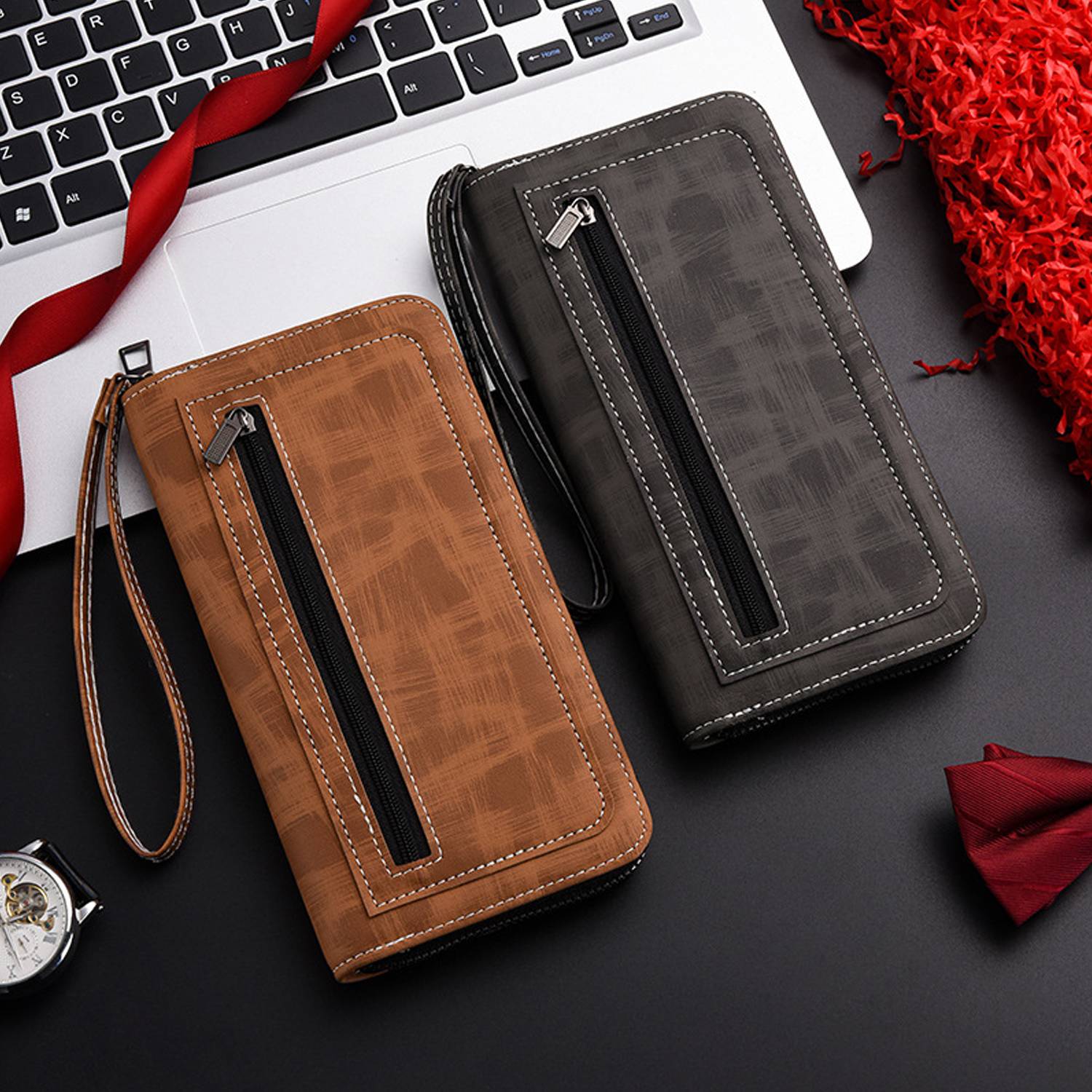 Men Long PU Zipper Wallet w/ Carrying Strap 7