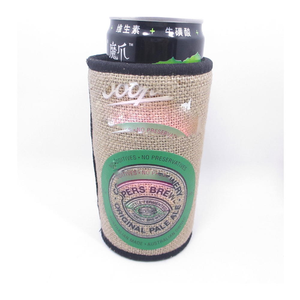 Burlap Neoprene Slim Can Coolie, custom koozie with logo imprint 4