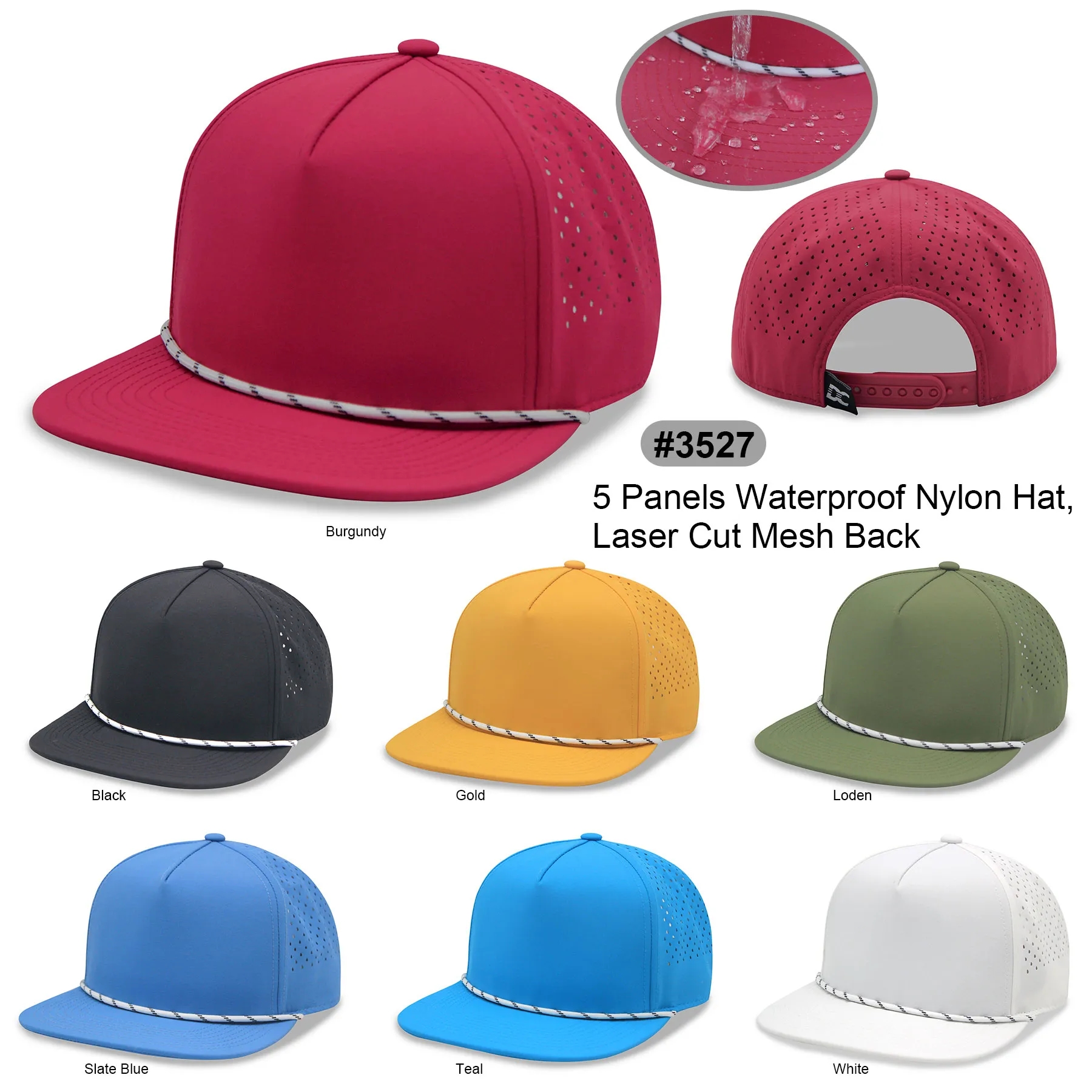 5 Panel Water Proof Nylon Hat w/Laser Cut Mesh Back
