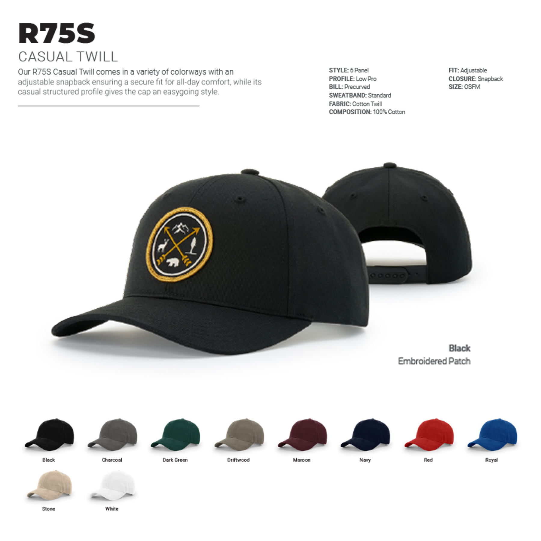 Richardson R75S Casual Twill Snapback Hat w/ Embroidery 13