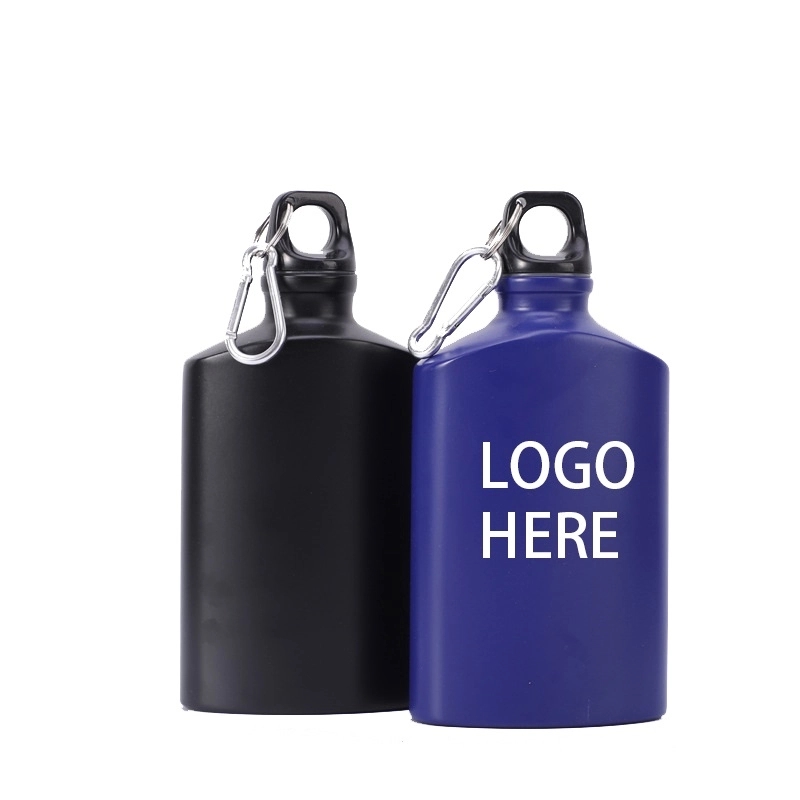 Flat Aluminum Water Bottles With Silver Carabiner, custom water bottle with logo imprint 4