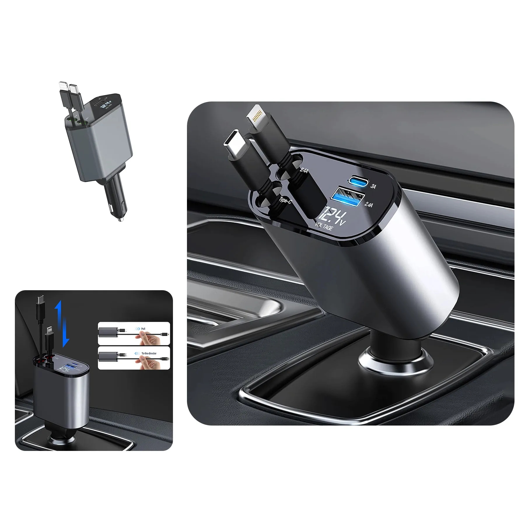 Retractable 4 in1 car fast chargerwith 100W 2