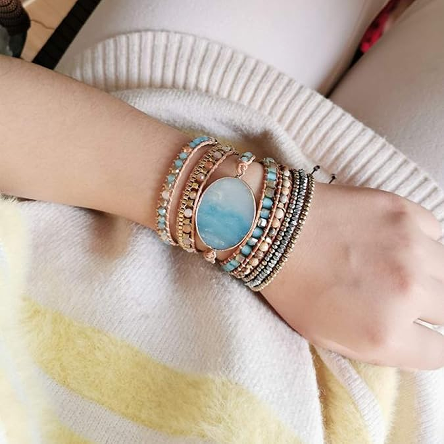Natural Stone Crystal Leather Bead Wrap Bracelet 6