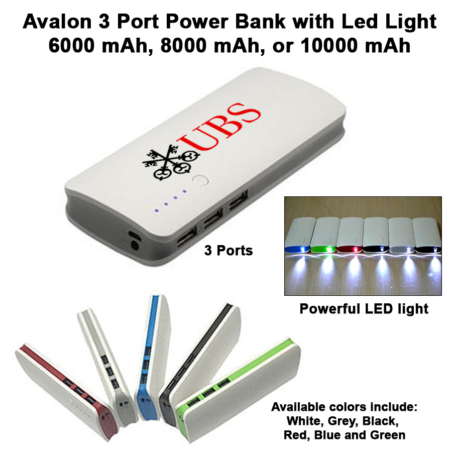 Avalon 3 Port Power Bank with LED Light 8000 mAh