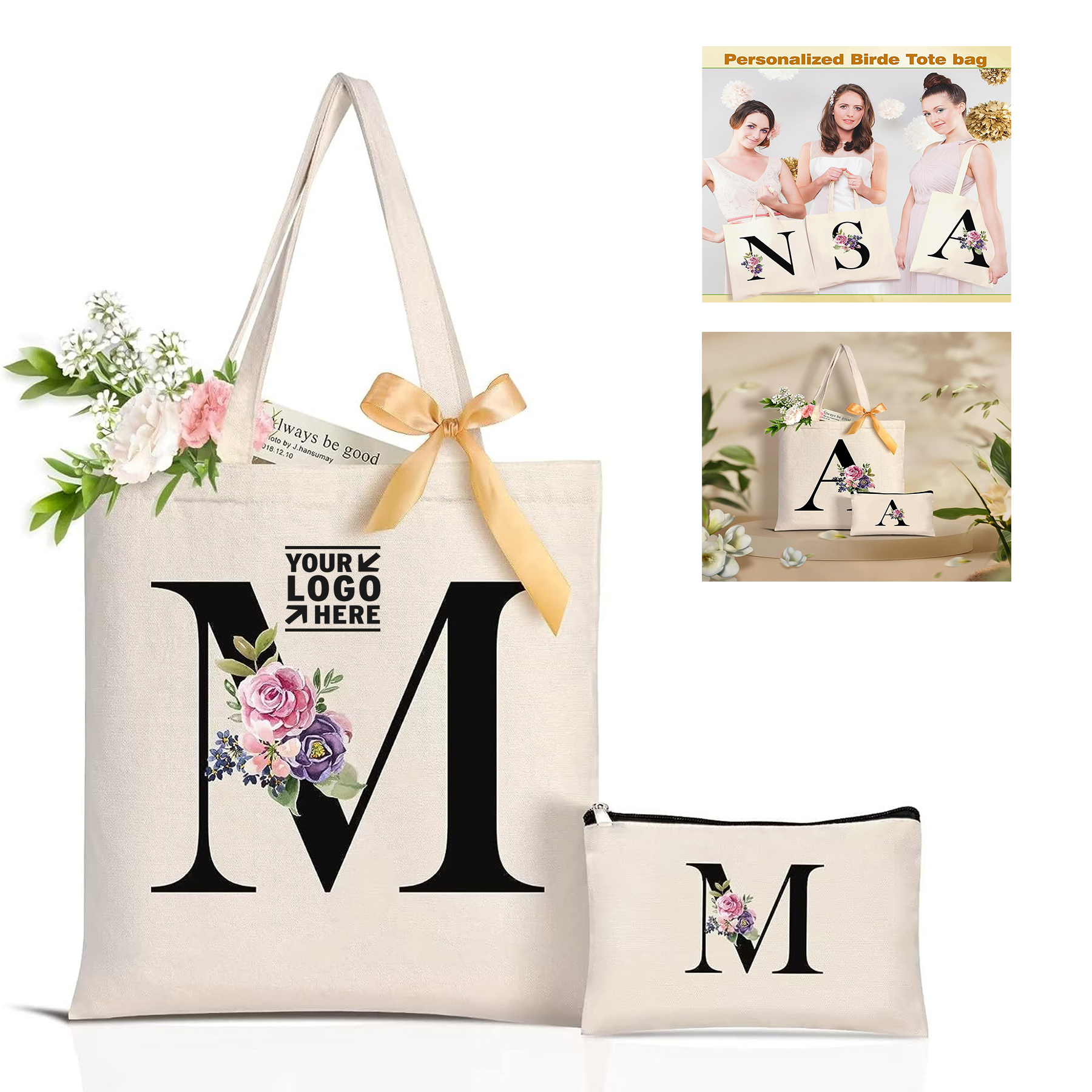 Women Reusable Grocery Monogrammed Gift Personalized Initial Canvas Tote And Makeup Travel Bag 