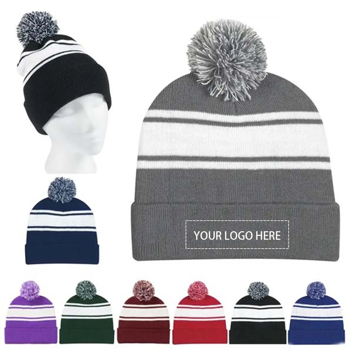 Two-Tone Knit Pom Beanie With Cuff 1