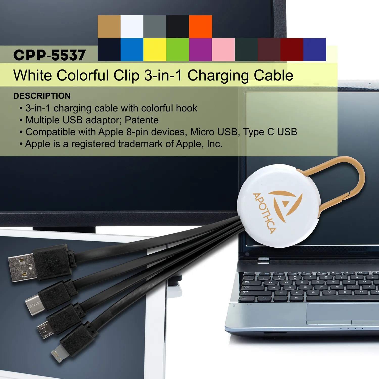 WHITE COLORFUL CLIP 3 IN 1 CHARGING CABLE 32