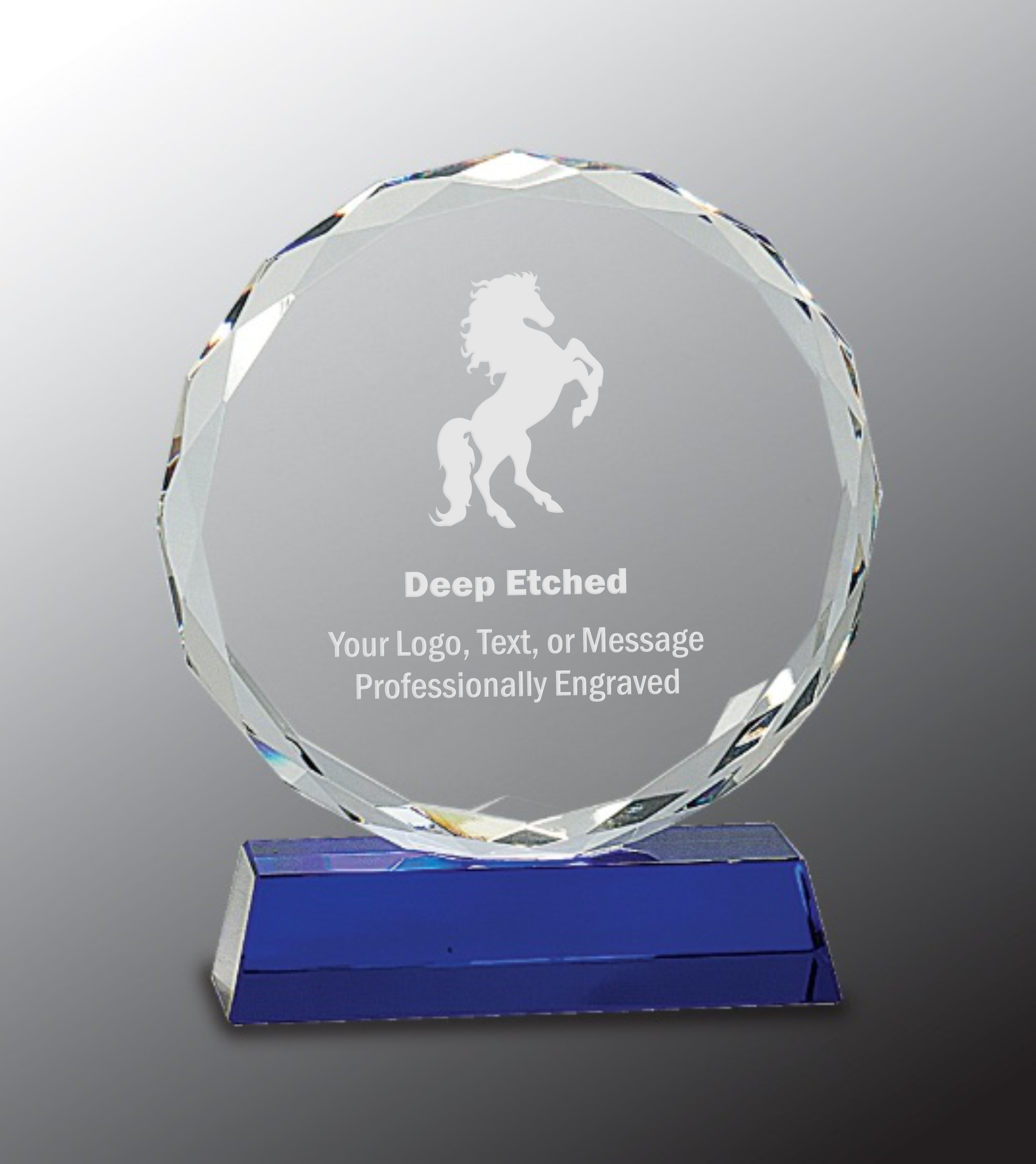 7" Round Facet Crystal Award on Blue Pedestal Base