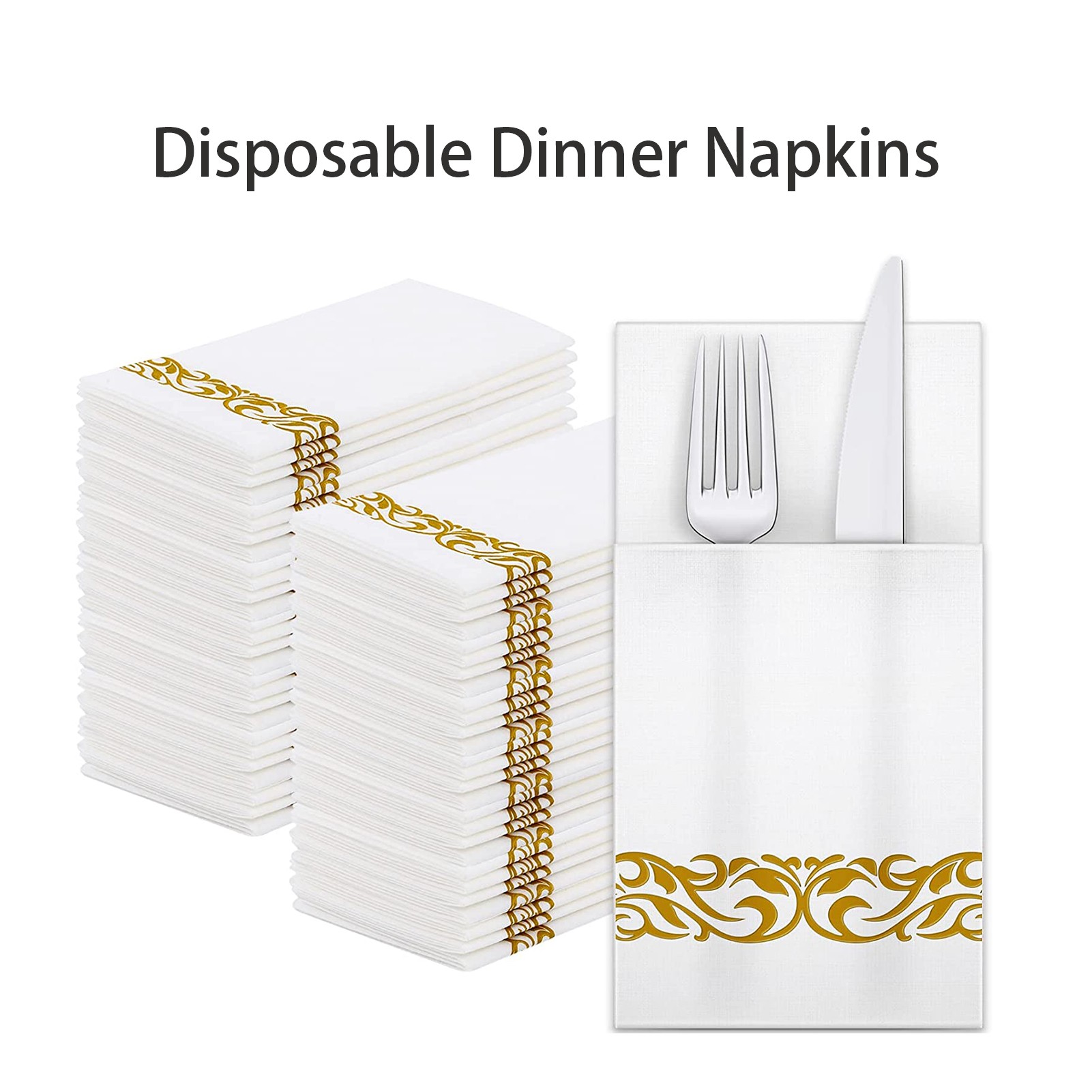 White Disposable Dinner Napkins Cloth Built in Flatware Pocket 1