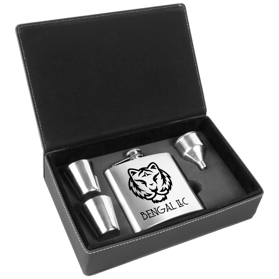 6 Oz. Light Brown Laserable Leatherette Flask Gift Set 9