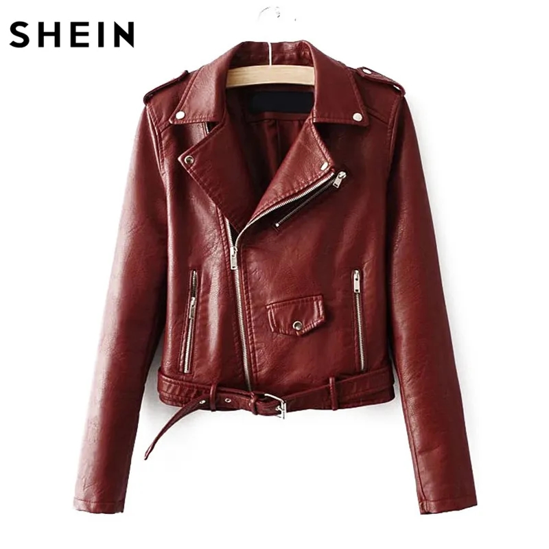 Women's Faux Leather Moto Jacket with Belted Waist & Zipper 4