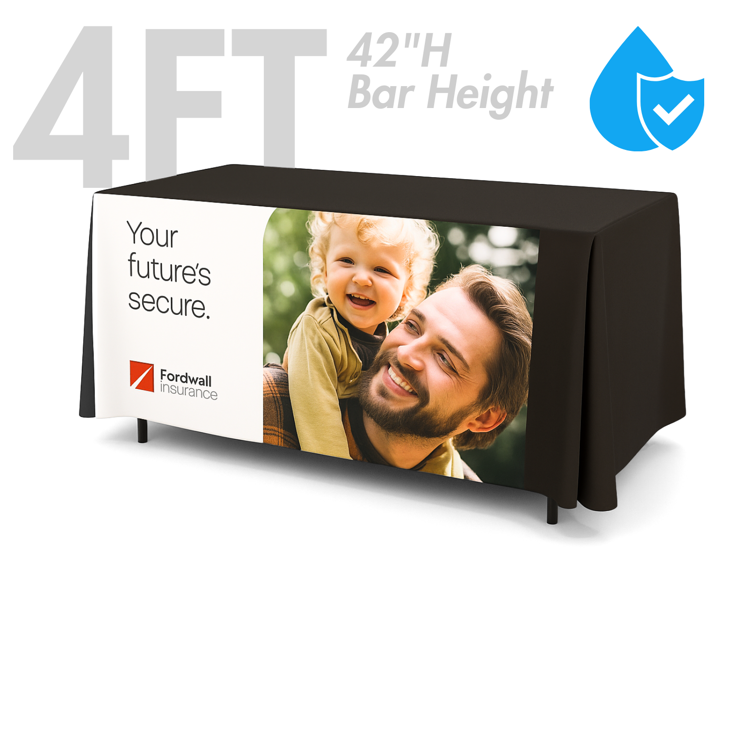 4' Liquid Repellent Fitted Table Cover, Front Panel Print, 42"H 3