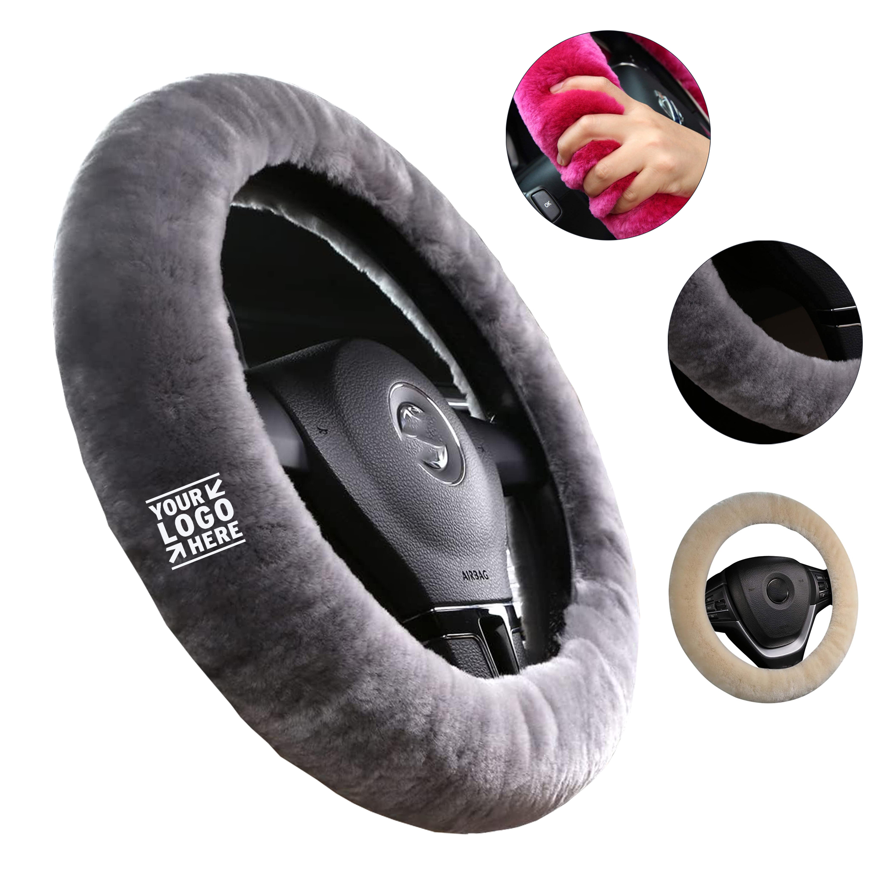 Fuzzy Fur Protector 14 1/2inch-15 1/2inch Soft Fluffy Plush Sheepskin Car Steering Wheel Cover