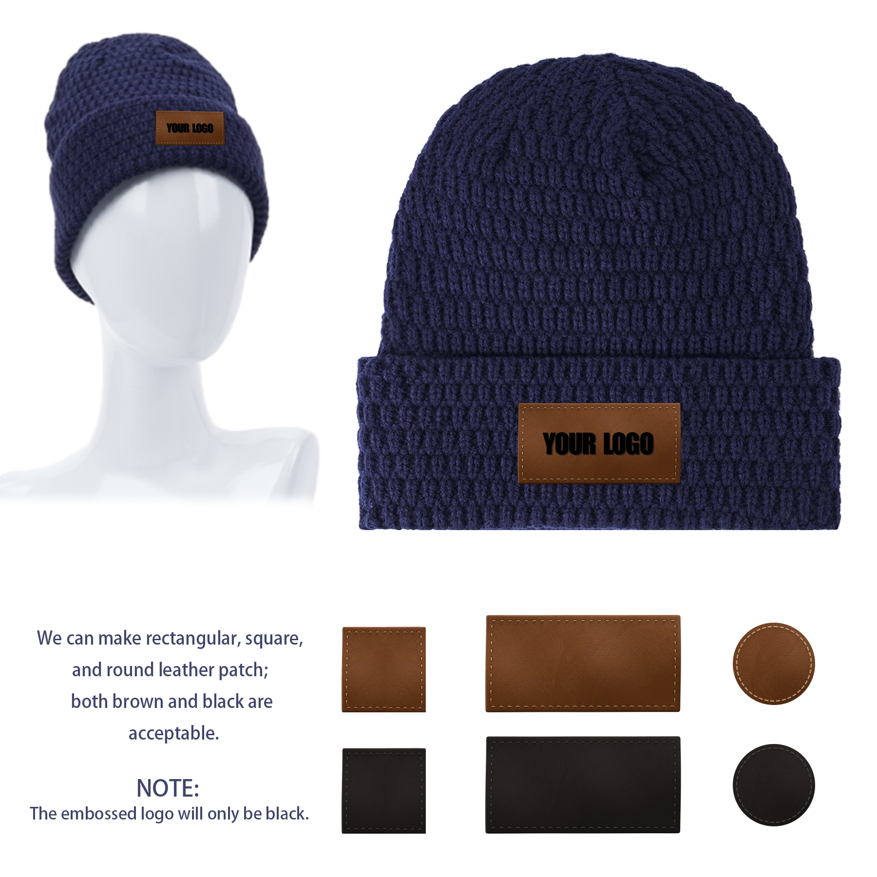 Fleece Lined Knit Beanie With Custom Leather Patch 2